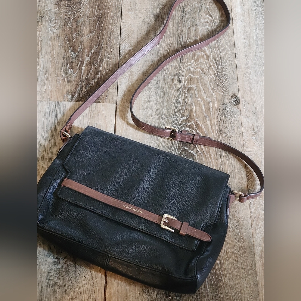 Cole Haan Black Leather Crossbody Bag with Brown Strap